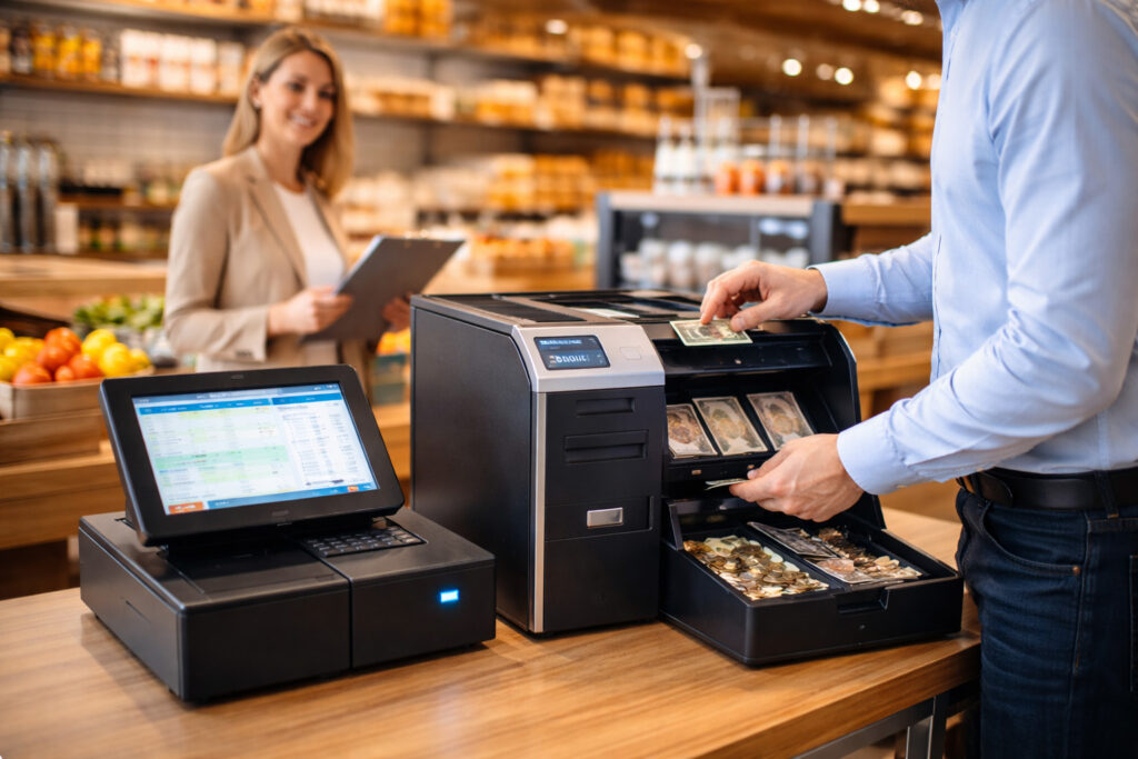 Medewerker gebruikt een gesloten betaalsysteem met cash recycler in een Retail omgeving voor veilig en efficiënt cashmanagement