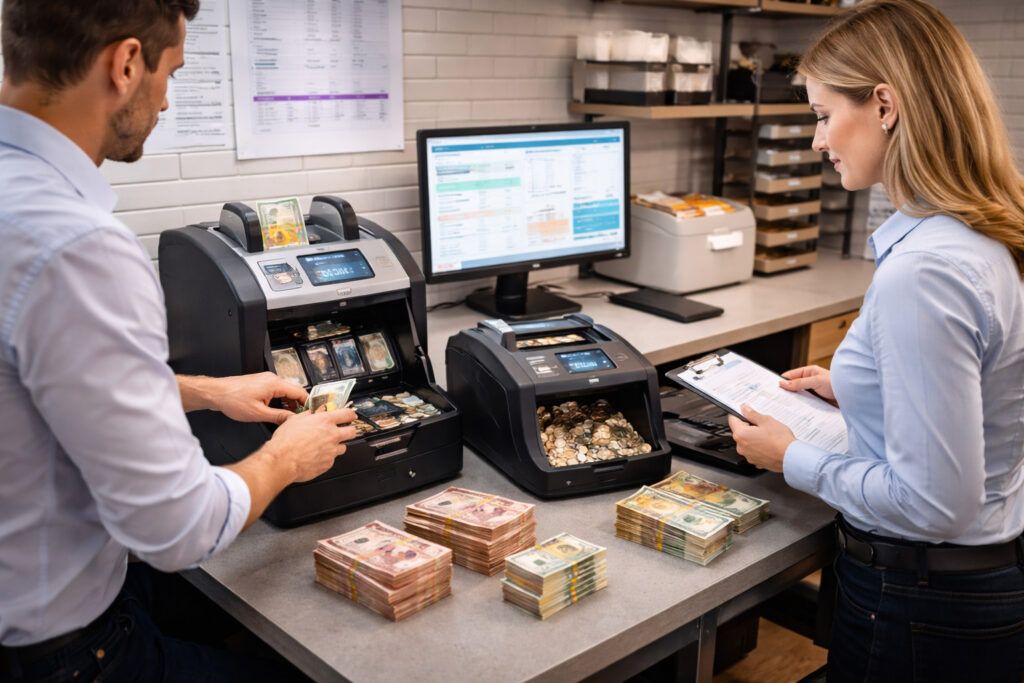 Medewerkers beheren en controleren contant geld in een backoffice met cashmanagement systemen en realtime rapportage