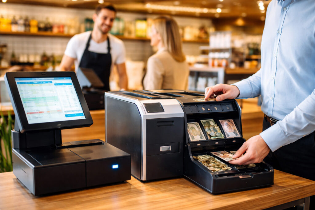 Medewerker gebruikt een gesloten betaalsysteem met cash recycler in een Retail omgeving voor veilig en efficiënt cashmanagement