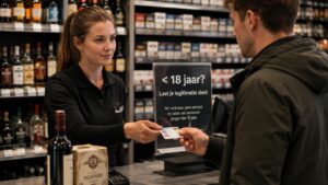 Medewerker controleert de legitimatie van een klant bij de kassa