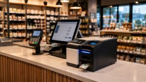 Moderne winkelkassa met betaalterminal en een apparaat dat een bankbiljet uitgeeft