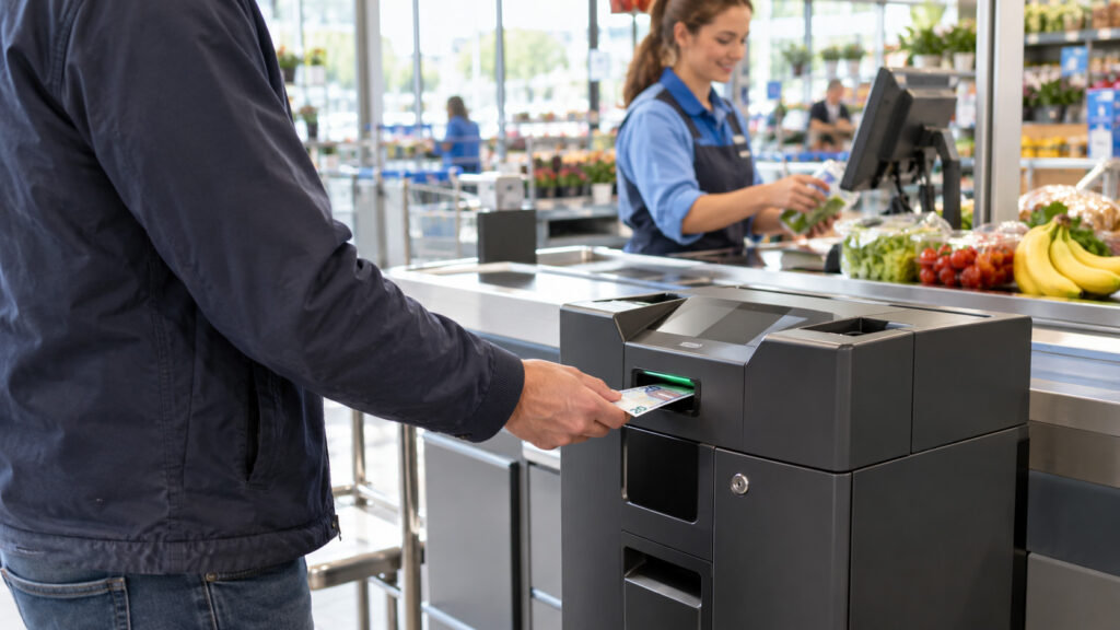 Klant betaalt contant bij een gesloten kassasysteem naast de kassa in een supermarkt