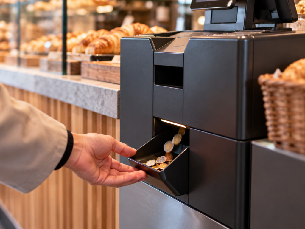 Cash recycler geeft automatisch wisselgeld terug bij een bakkerij