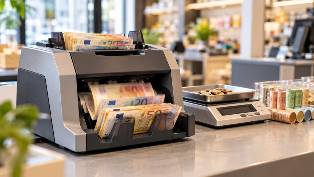 Geldtelmachine telt euro-biljetten op een winkeltoonbank, met een geldweger en muntrollen ernaast