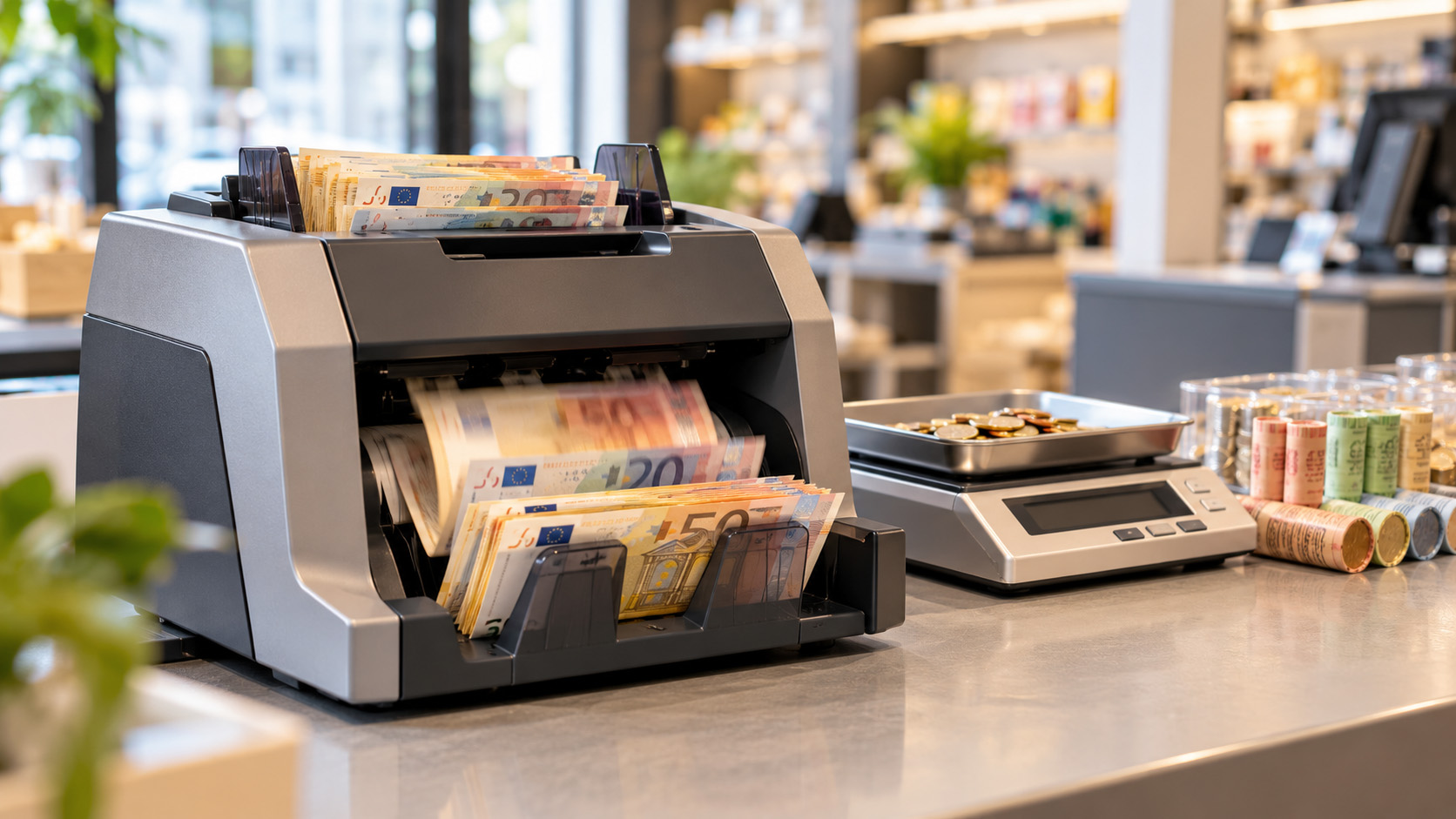 Geldtelmachine kiezen Geldtelmachine telt euro-biljetten op een winkeltoonbank, met een geldweger en muntrollen ernaast